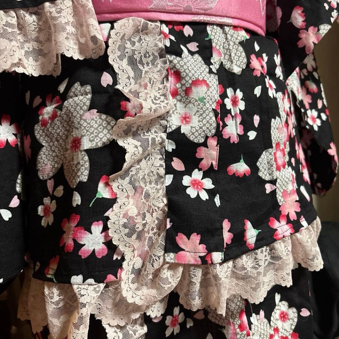 浴衣ドレス 2段スカート 黒ピンク　桜 地雷ギャル 姫ギャル 平成ギャル