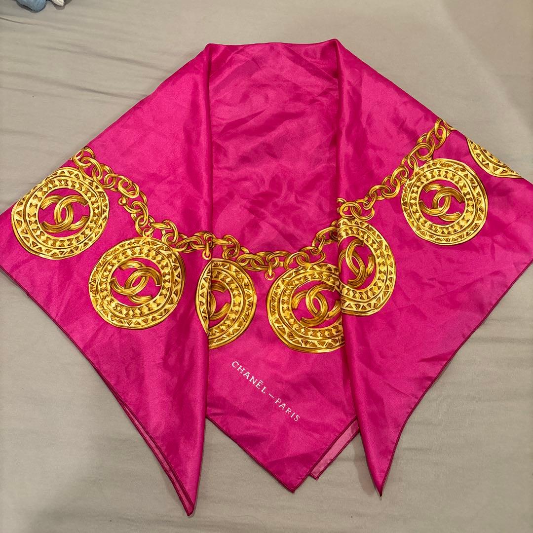 CHANEL ピンク ゴールドチェーン スカーフ オリジナル