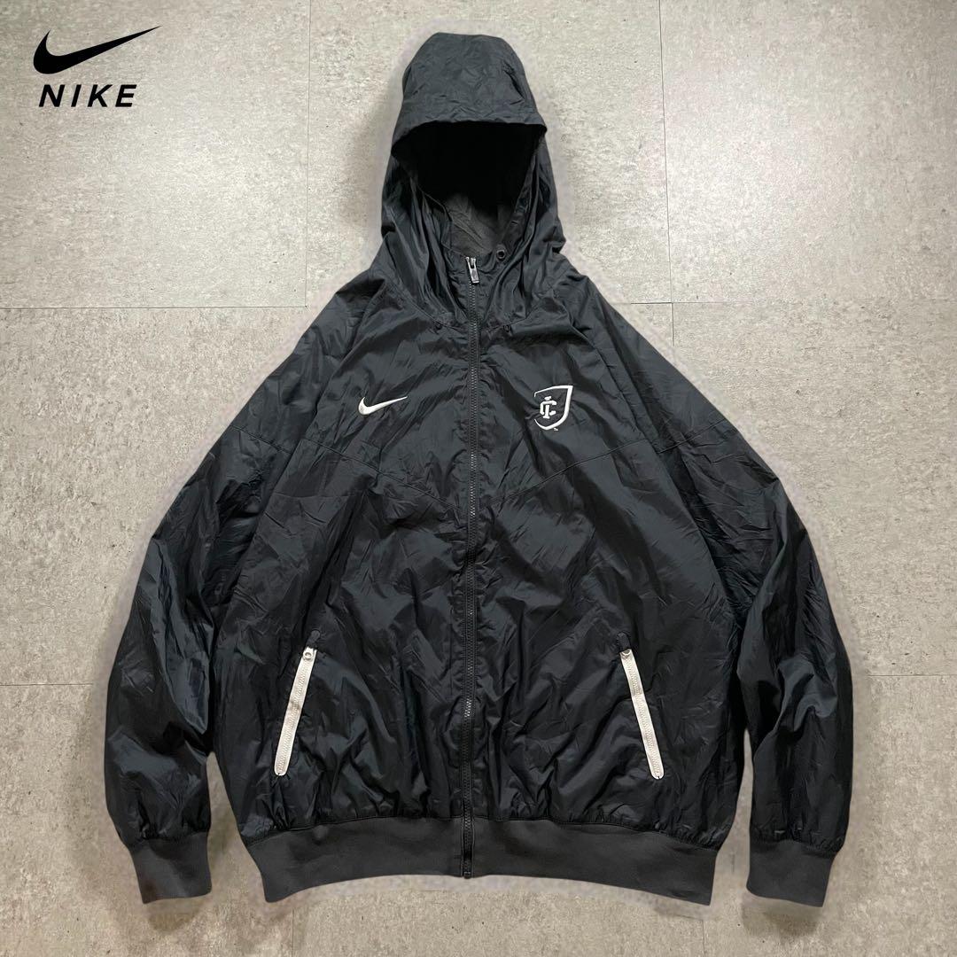 NIKEナイロンジャケット黒ビッグサイズ フード付刺繍ロゴ スポーツMIX