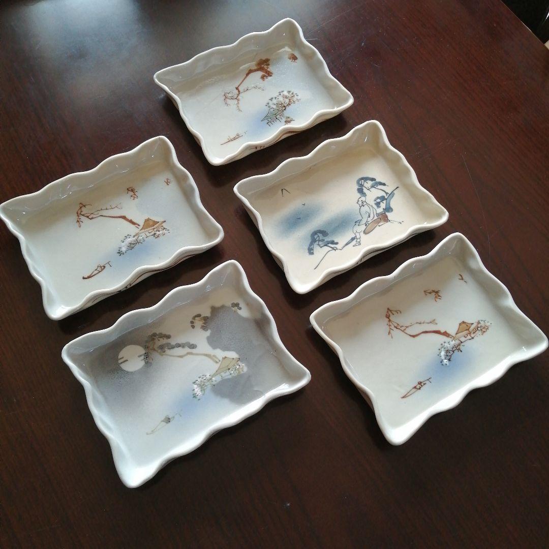 瀬戸焼　加藤春花　絵替ひだ角皿　5枚　16.5cm　大正〜昭和初期