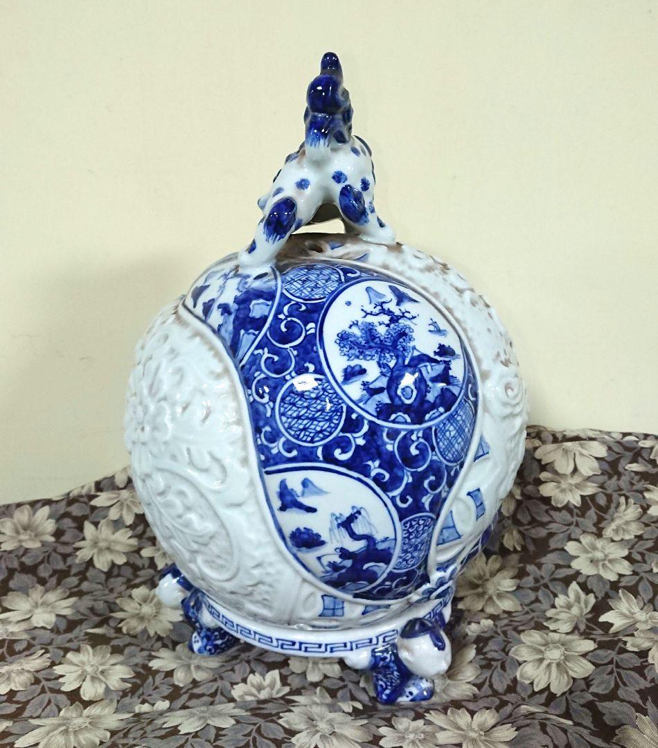 稀少 在銘 陶器製 中国 五良大甫呉祥瑞造 染付 獅子 香炉 高さ20.5cmの