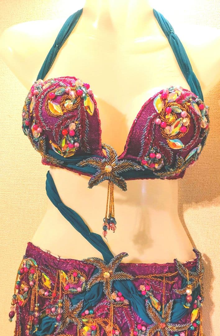 【新品】エジプト製紫と青のベリーダンスセットアップ ターコイズ ベリーダンス オリエンタルセットアップ(エジプト製)