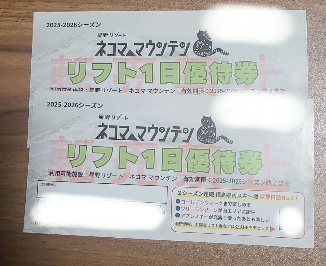 リフト1日優待券ペア 星野リゾート ネコママウンテン - メルカリ