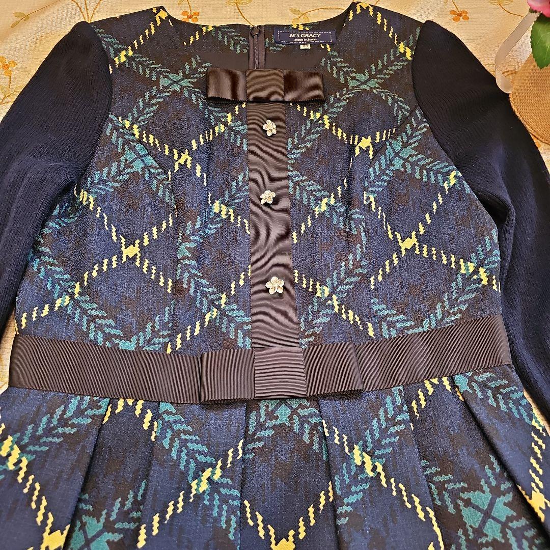 エムズグレイシー♡ワンピース 38 チェック柄 リボン お花ボタン