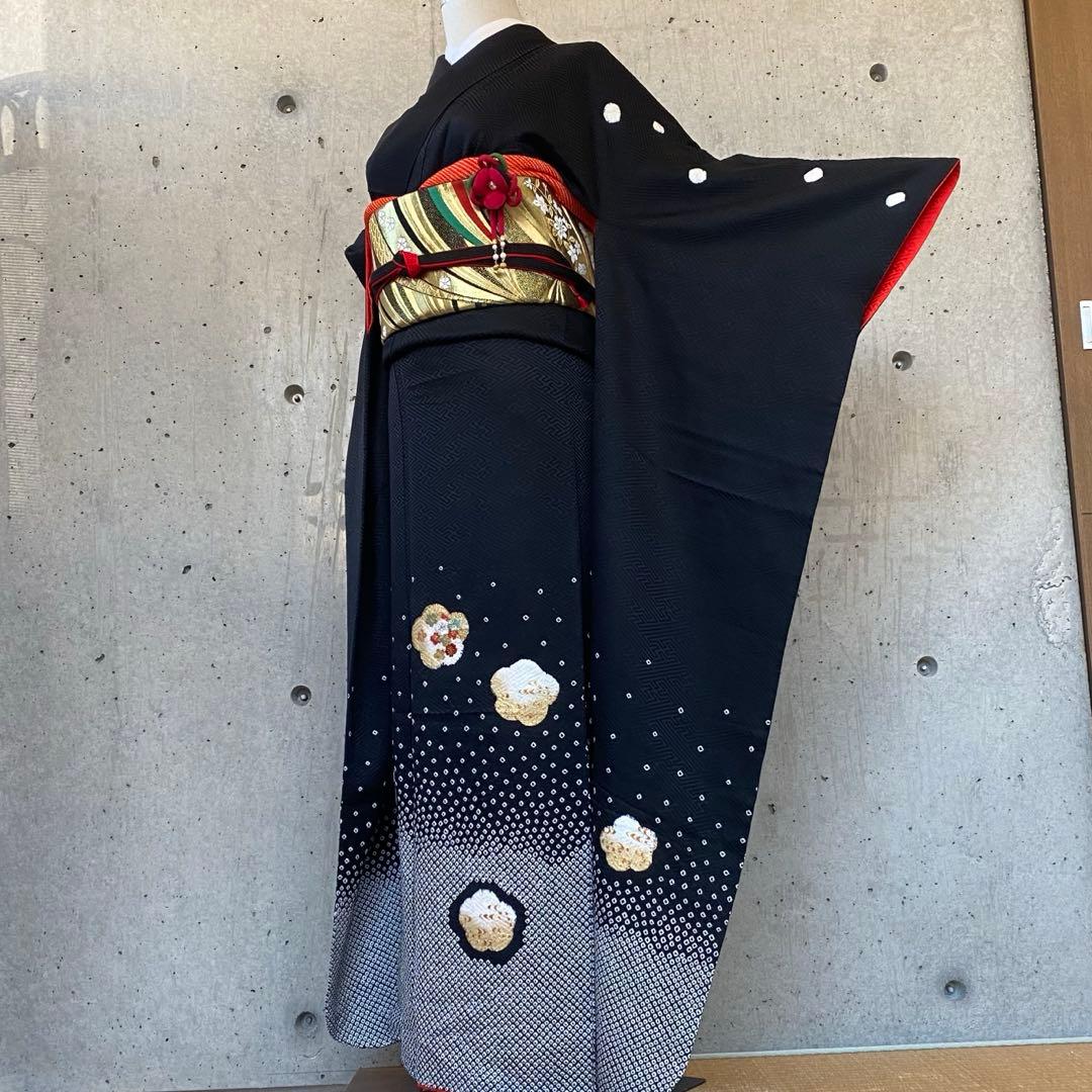正絹　振袖　絞り　一部刺繍　ガード　黒　袷 楽天市場】(卒業式応援Point10倍 3/5迄) 未仕立て 振袖 22点セット「総