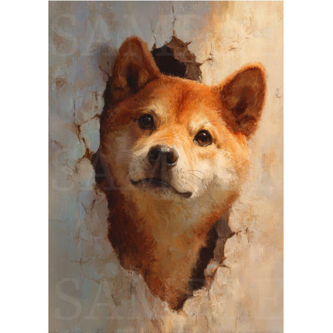 S031 壁から顔を出す柴犬 A4サイズ オリジナルアートポスター 犬 絵画