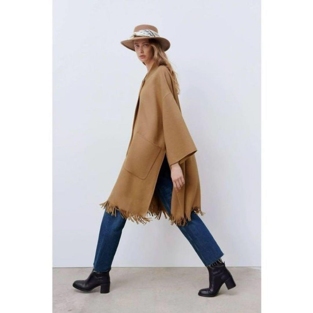 新品✨ZARA ウールブレンドフリンジ付きケープコート ポンチョ