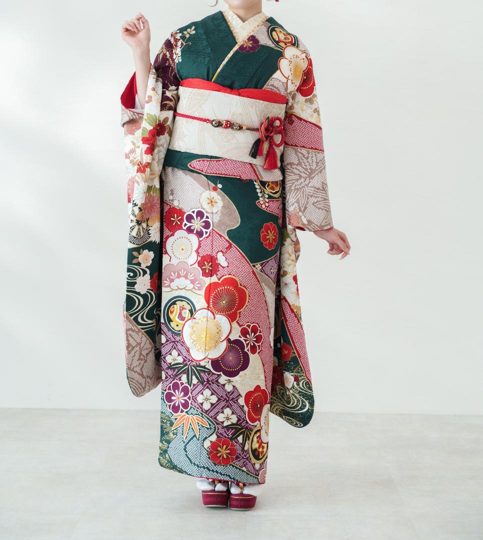 ≪美品≫正絹　振袖9点フルセット【725】【155cm~165cmの方用】 楽天市場】【成人式 振袖 レンタル】RS975 正絹 青 桜に手まりフル