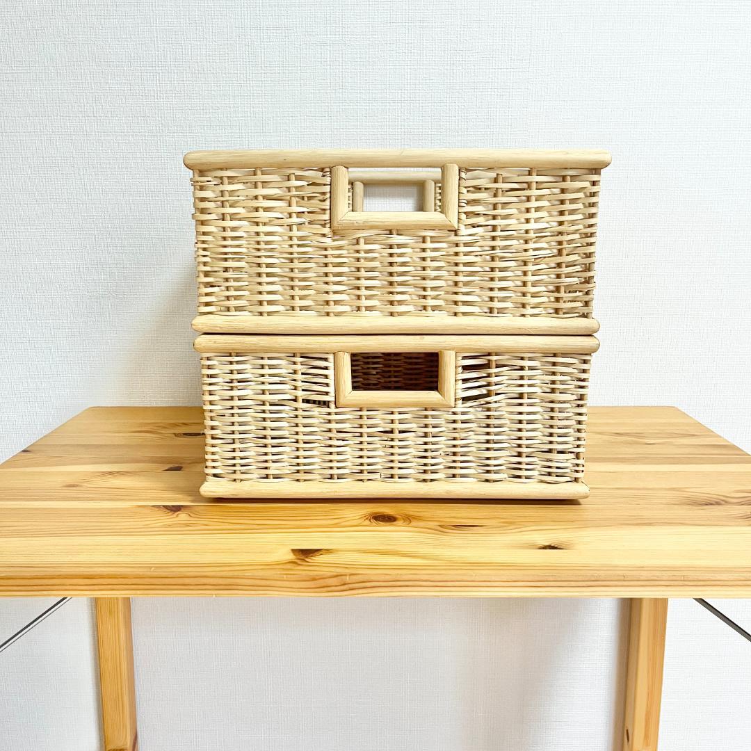 廃盤品】無印良品 重なるブリ材角形バスケット カゴ2個セット ラタン