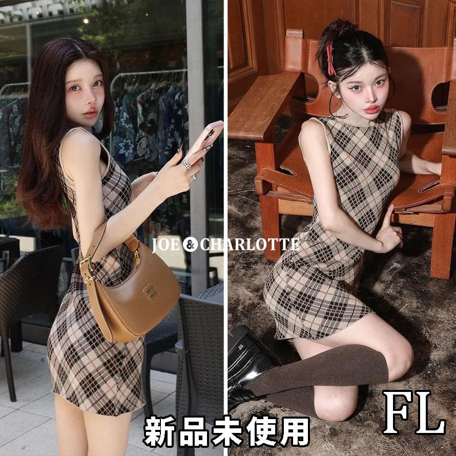 ダーリッチ darich チェックジャガードノースリニットミニワンピース BEG Darich♡チェックジャガードノースリニットミニワンピース(Free・BEG)