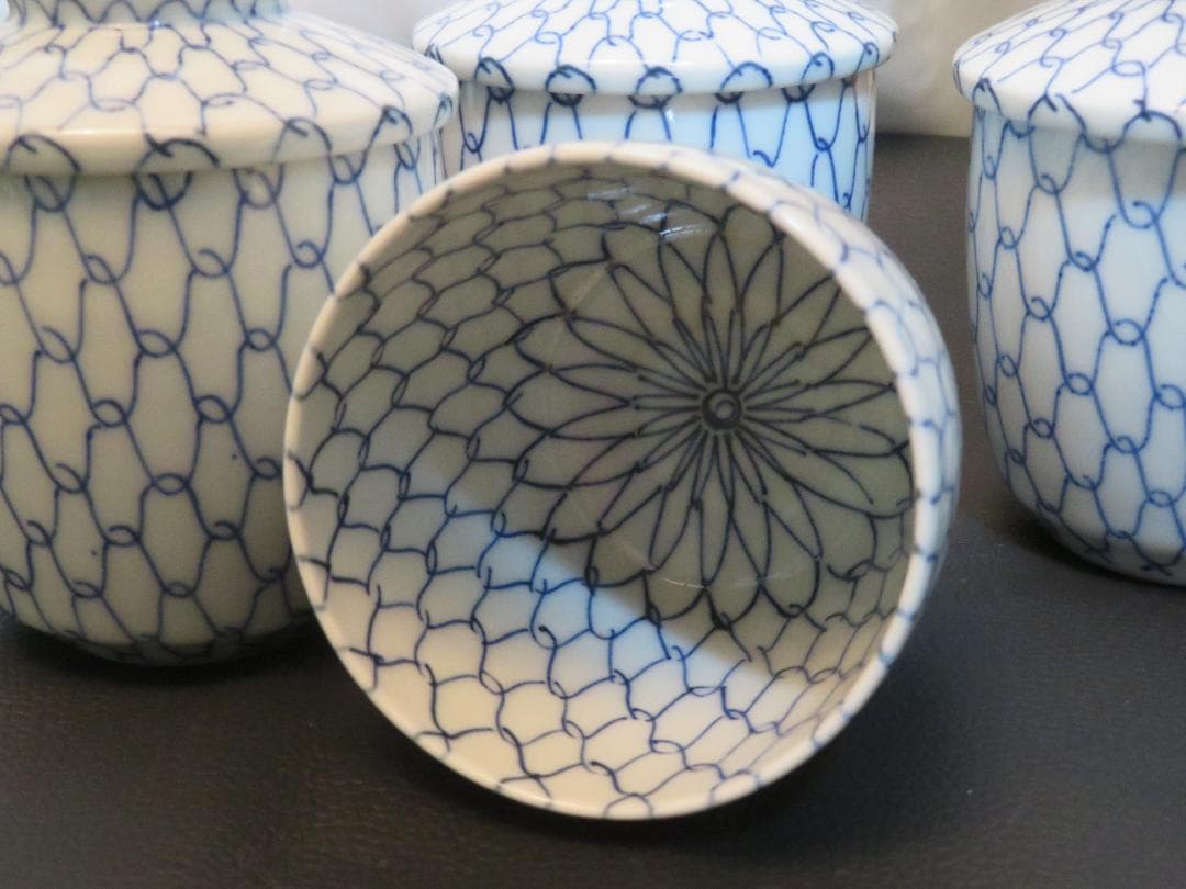 ◇401◇青網蓋付湯呑 芳山 網目 4客 和骨董 japanese