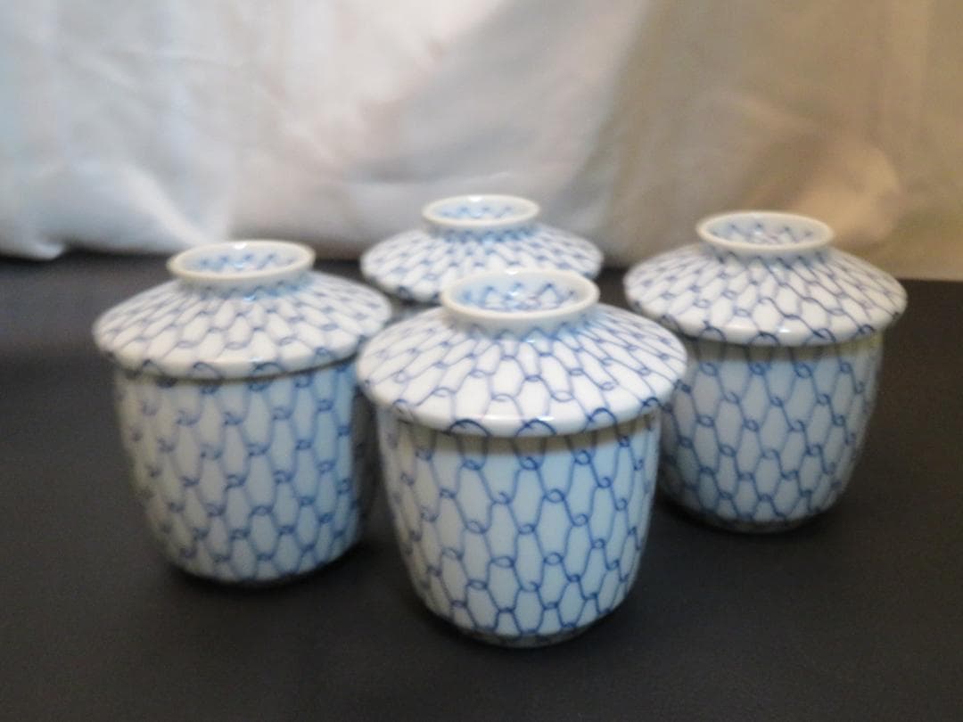 ◆401◆青網蓋付湯呑 芳山 網目　4客 和骨董 japanese craft ◇401◇青網蓋付湯呑 芳山 網目 4客 和骨董 japanese