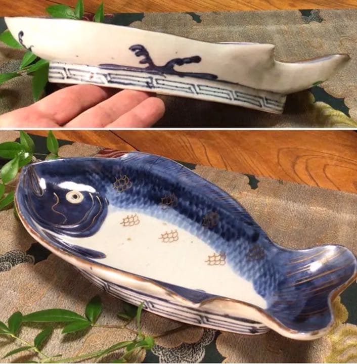 A584 古伊万里 元禄 染付 金彩 鯛皿 変形魚皿 1客 - メルカリ