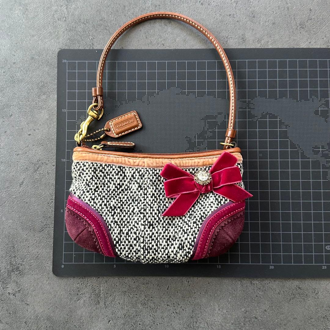 COACH Tweed Suede Ribbon Crystal Pouch