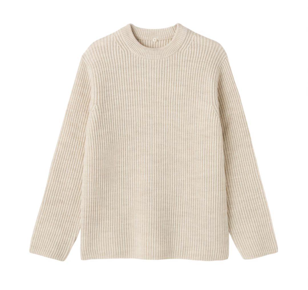 【新品】MUJILabo メリノウール畦編みエルボーパッチ付クルーネックセーター 紳士 メリノウール畦編みエルボーパッチ付きクルーネックセーター
