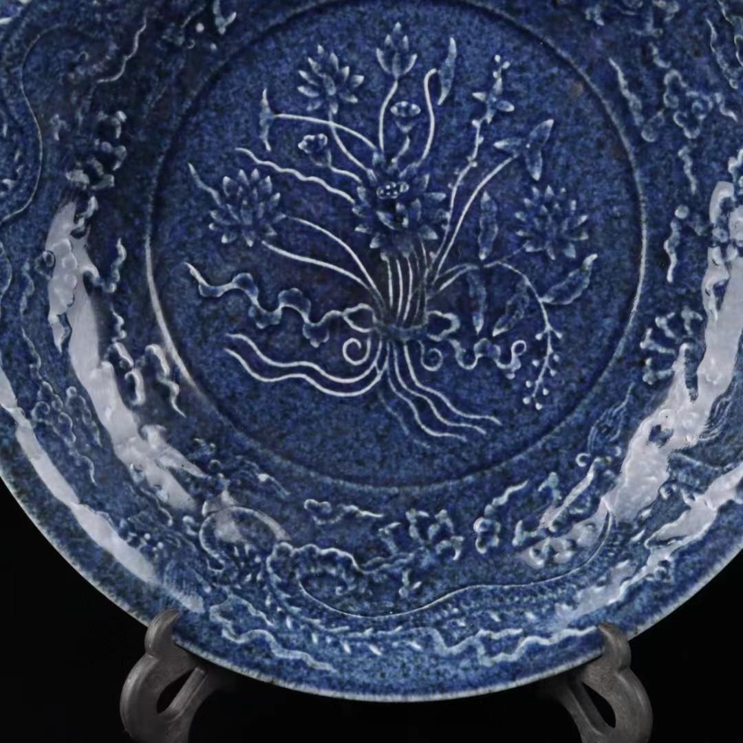 中国古美術✦大明宣徳紋 霽藍紅釉浮彫り花卉紋盤セット✦置物・文房具