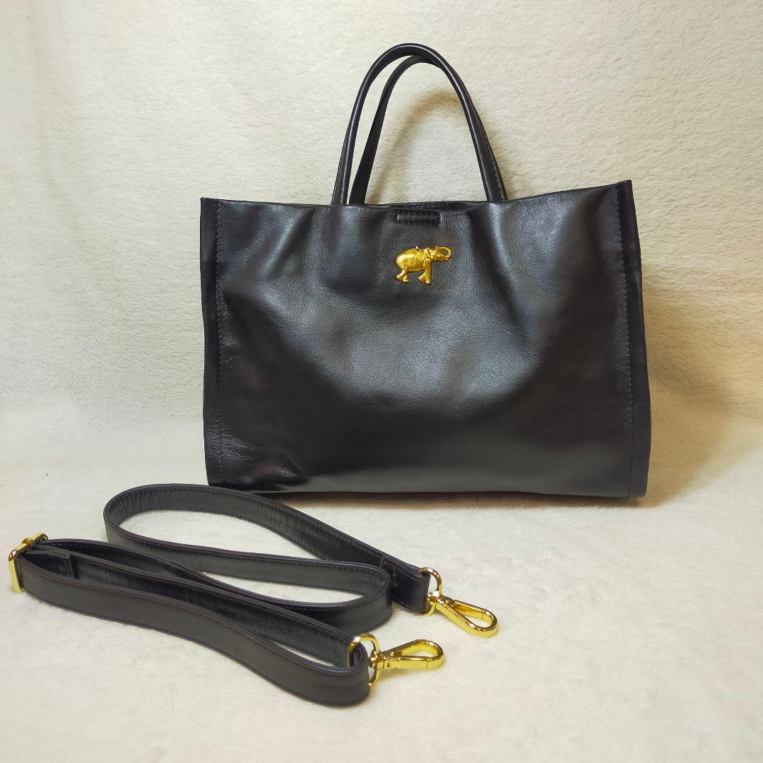 美品 イアパピヨネ 2way ショルダーバッグ ゾウ レザー ブラック