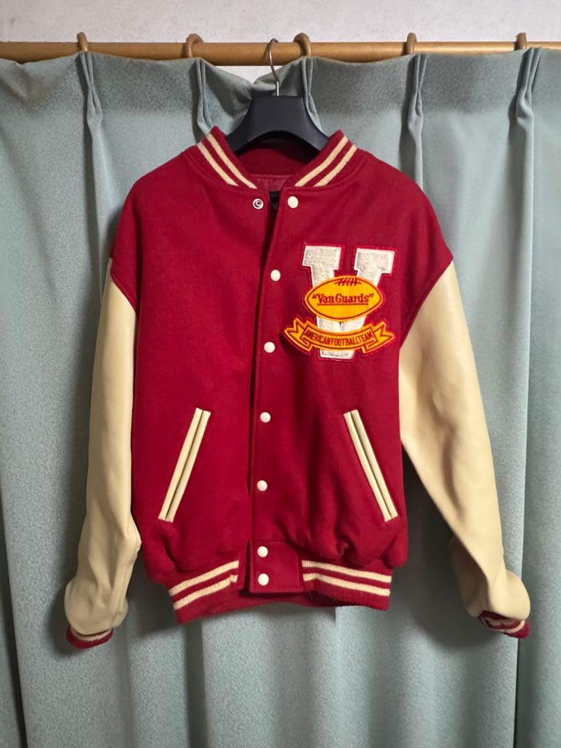 VAN JACKETスタジャン アーチロゴ ワッペン 袖レザー 赤 LL