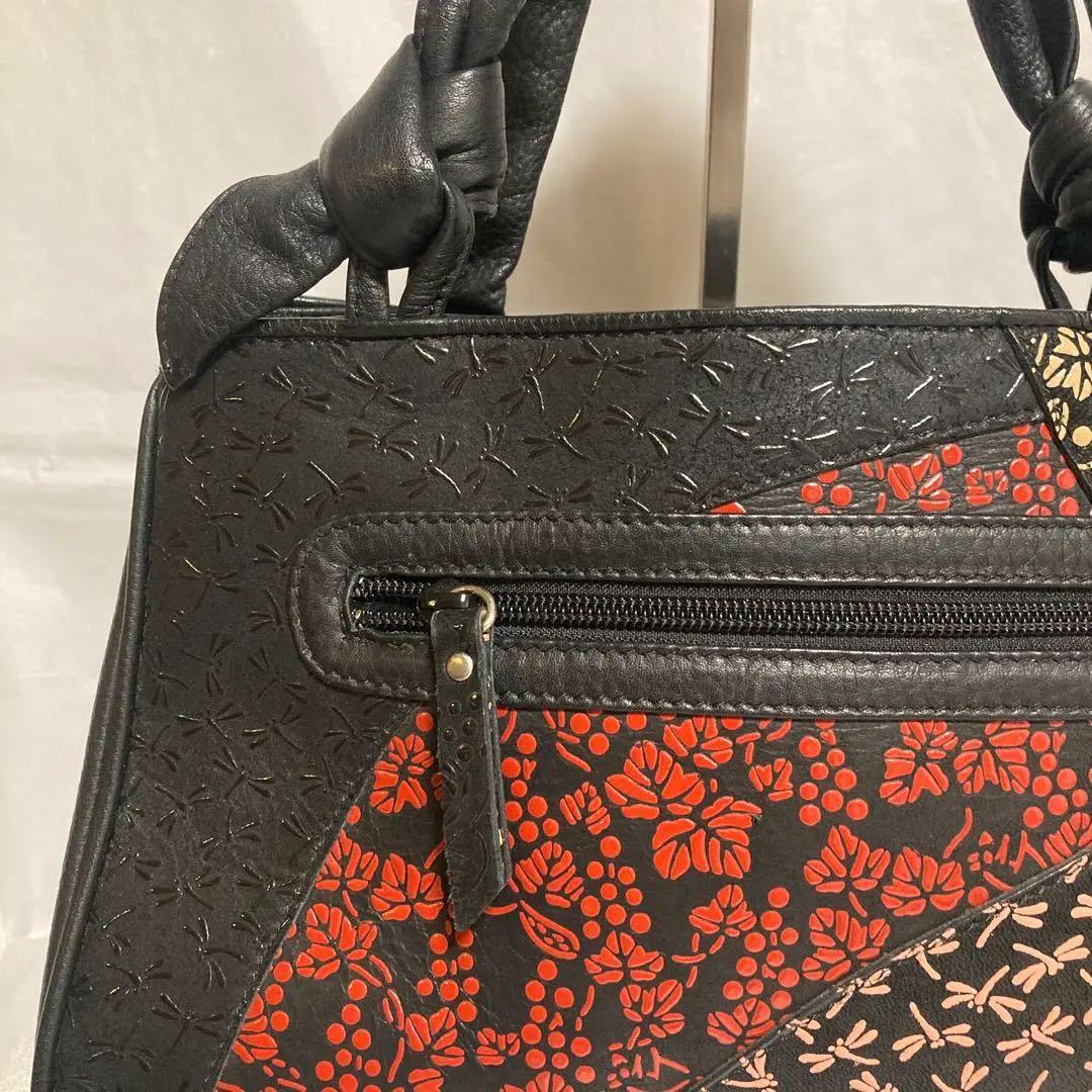 希少 印傳屋 ハンドバッグ JRA認定 鹿革 パッチワーク繋ぎ葡萄トンボ柄