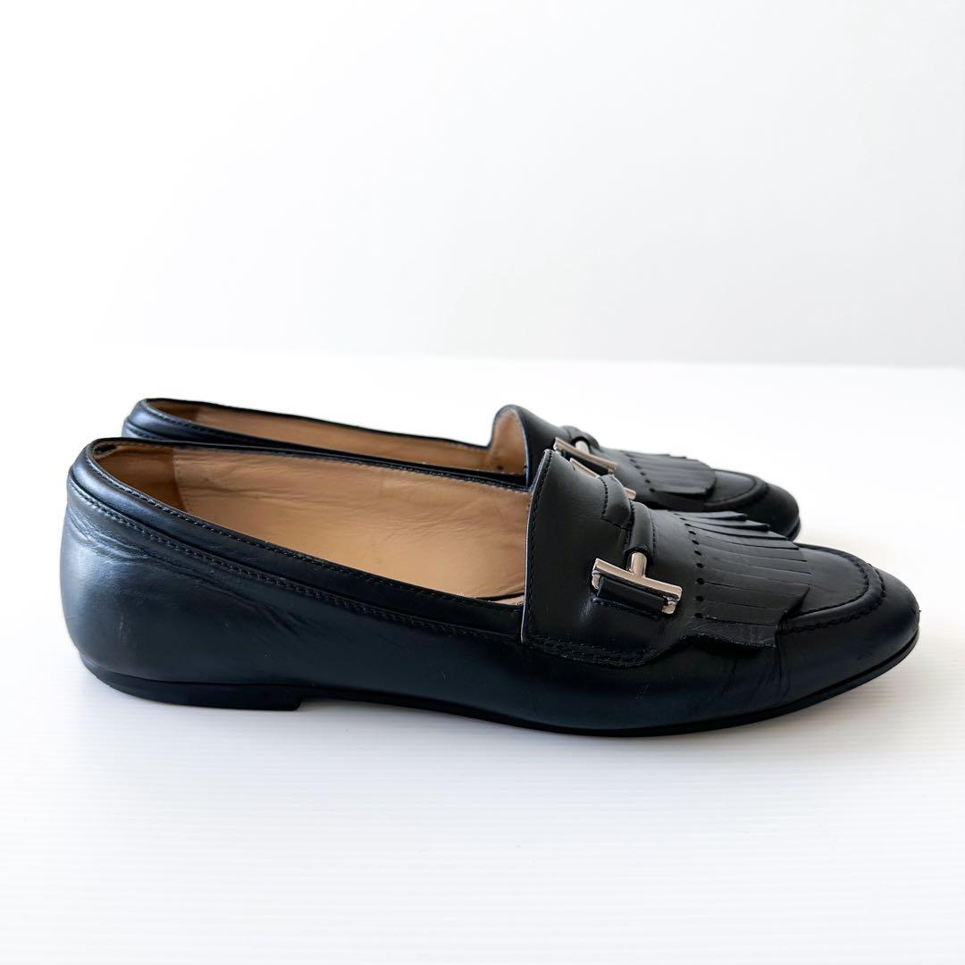 TOD'S フリンジ レザー ローファー フラット 黒 38 24.5cm
