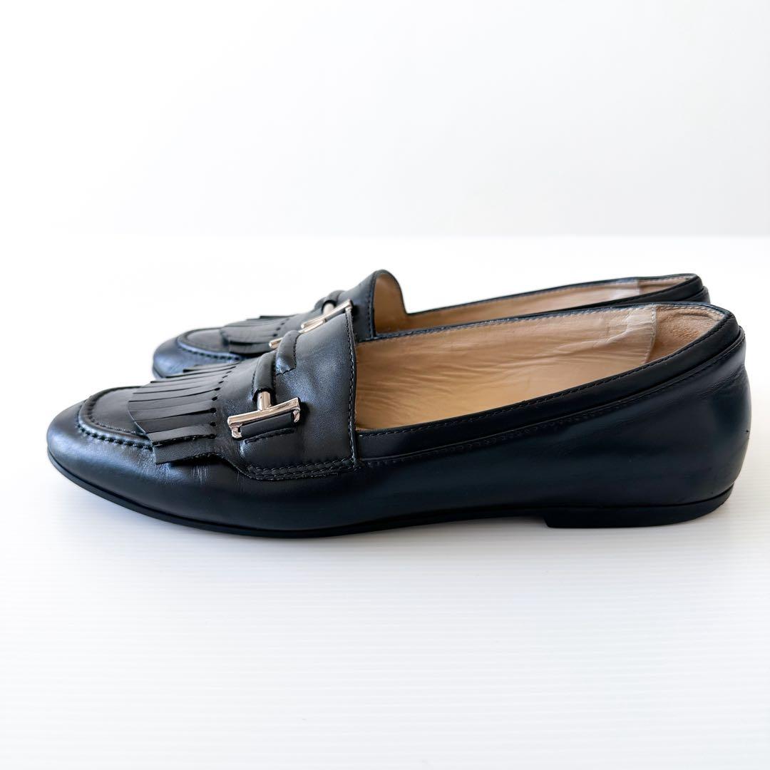 TOD'S フリンジ レザー ローファー フラット 黒 38 24.5cm