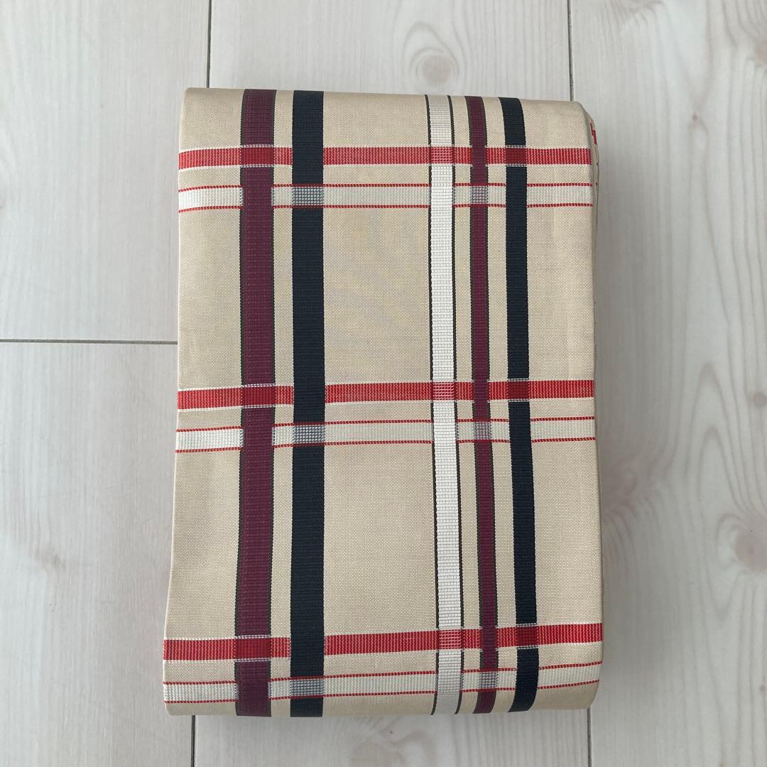 専用　　博多半幅帯　正絹　格子模様　織り出し　淡いベージュ　No.74-00