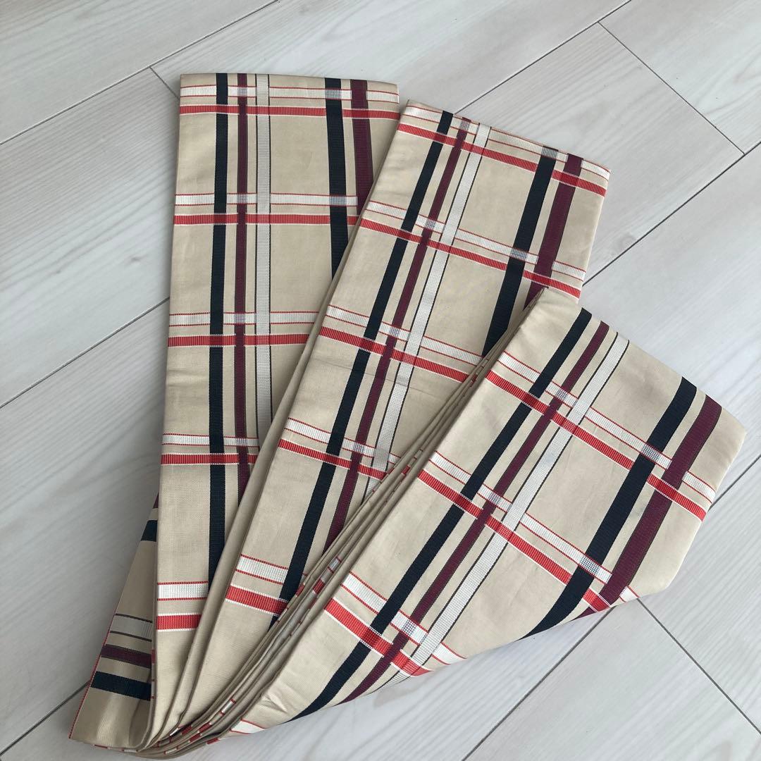 専用　　博多半幅帯　正絹　格子模様　織り出し　淡いベージュ　No.74-00