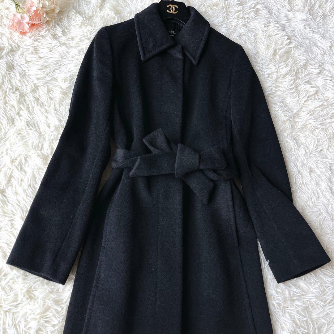 美品 イネド アンゴラ ロングコート ベルト付き 比翼ボタン 11 L ブラック