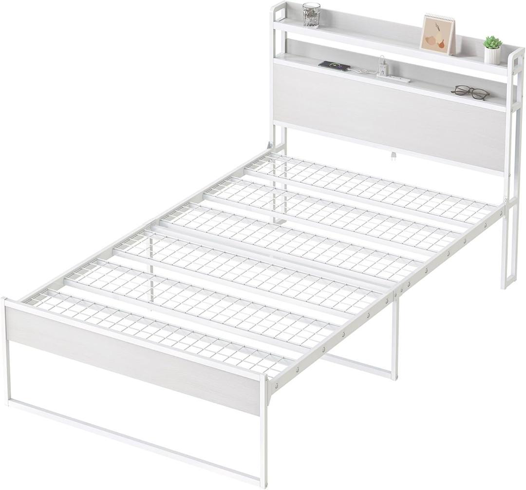 SINNONAKA USB&２口コンセント セミダブルベッドフレーム（ホワイト） Amazon｜SINNONAKA 2口コンセント宮棚付き ローベッド ベッドフレーム