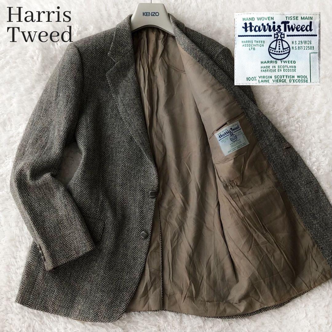 ハリスツイード テーラードジャケット ヘリンボーン グレー ウール M L