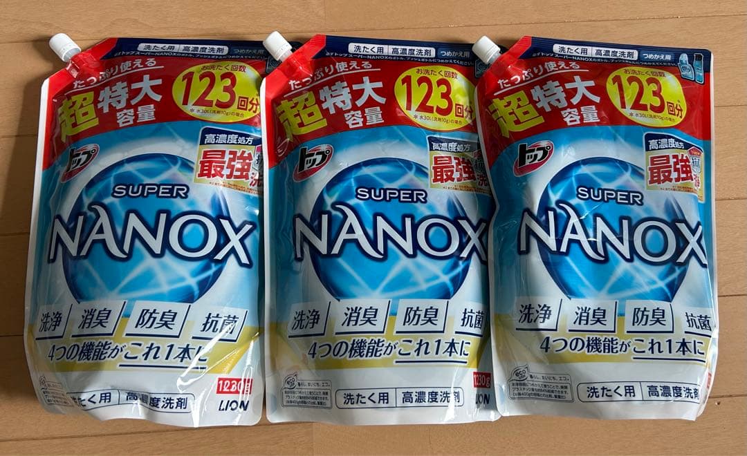 新品ライオントップSUPER NANOX 洗濯洗剤 1230g 詰め替え3点 トップ スーパーNANOX（ナノックス）つめかえ用 超特大 1230g×6個 LION