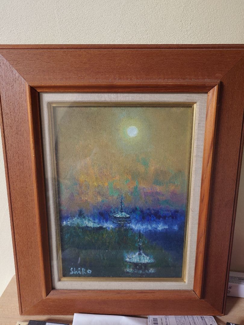 Shiro 抽象油彩画 原画 油絵 霧の中の希望 霧とりんごのアート 抽象画 F6号 ブルー×水色