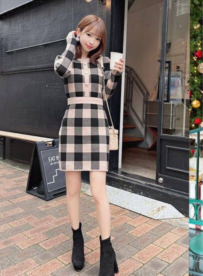 ミシェルマカロン ブロックチェック ニットワンピース - メルカリ