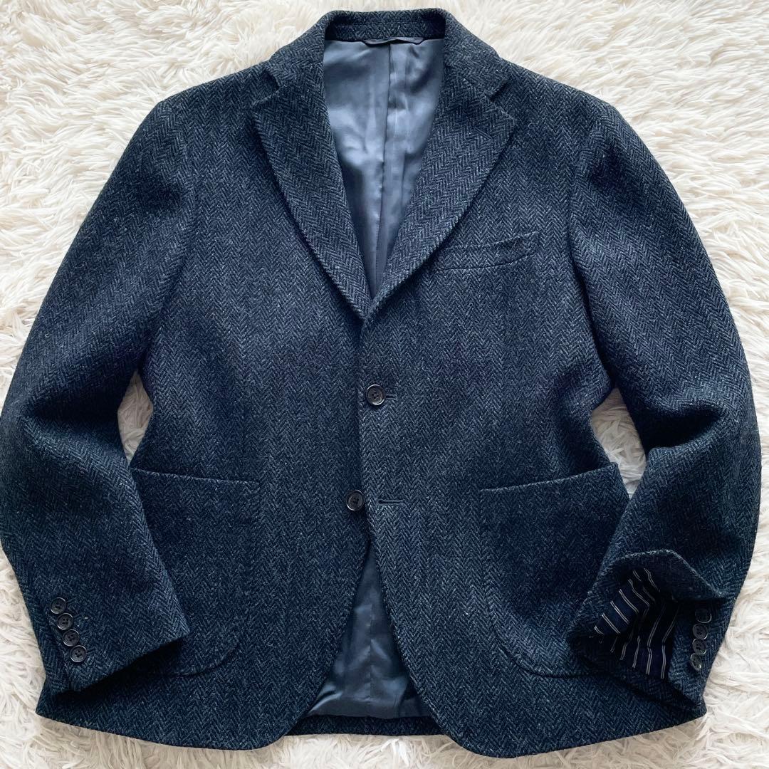 美品 ハリスツイード テーラードジャケット ヘリンボーン パッチ