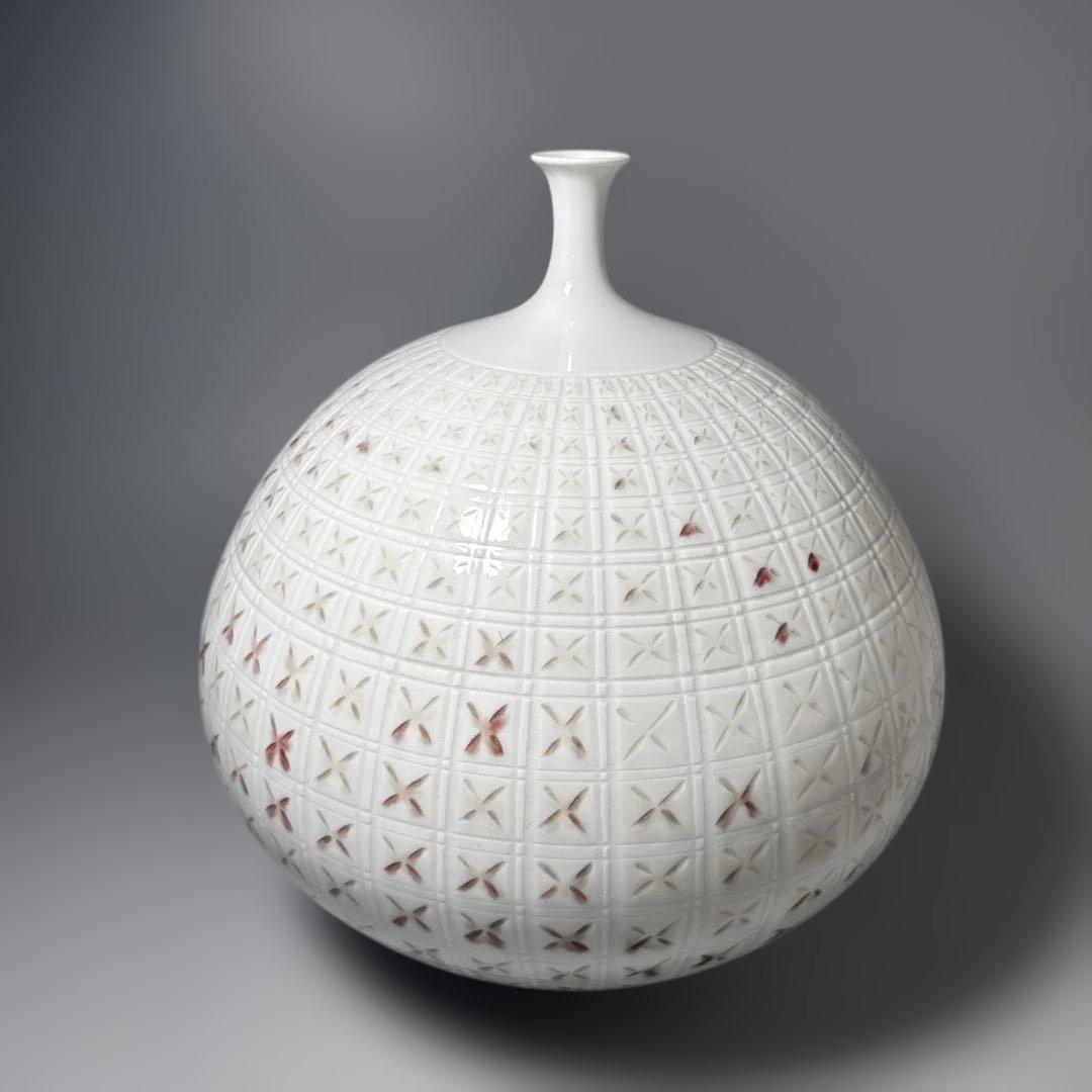 藤井朱明 作 格子文花瓶 エントランス オブジェ 日展陶芸作家 高30.5cm