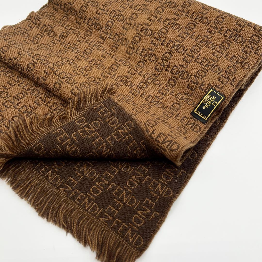 希少】FENDI リバーシブル ロゴ フリンジ ウール マフラー ブラウン