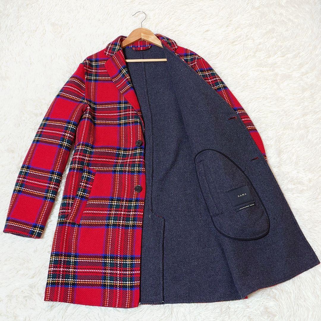 ZARA ザラ タータンチェック柄コート チェスターコート ウール混