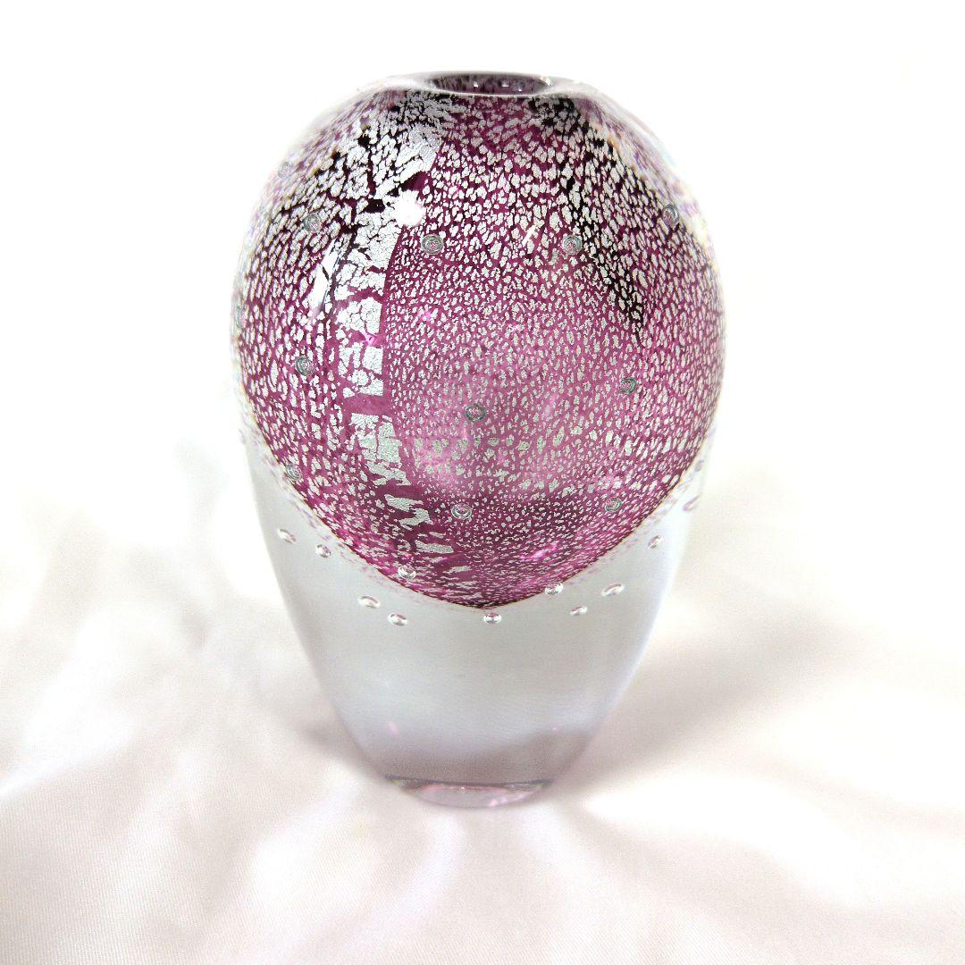 超希少品　サイン有り 現代の名工 黒木国昭 銀彩泡入花器 一輪挿し宙吹きガラス 希少 黒木国昭 宙吹きガラス 銀彩気泡 花瓶 クリア 赤 一輪挿し 作家物