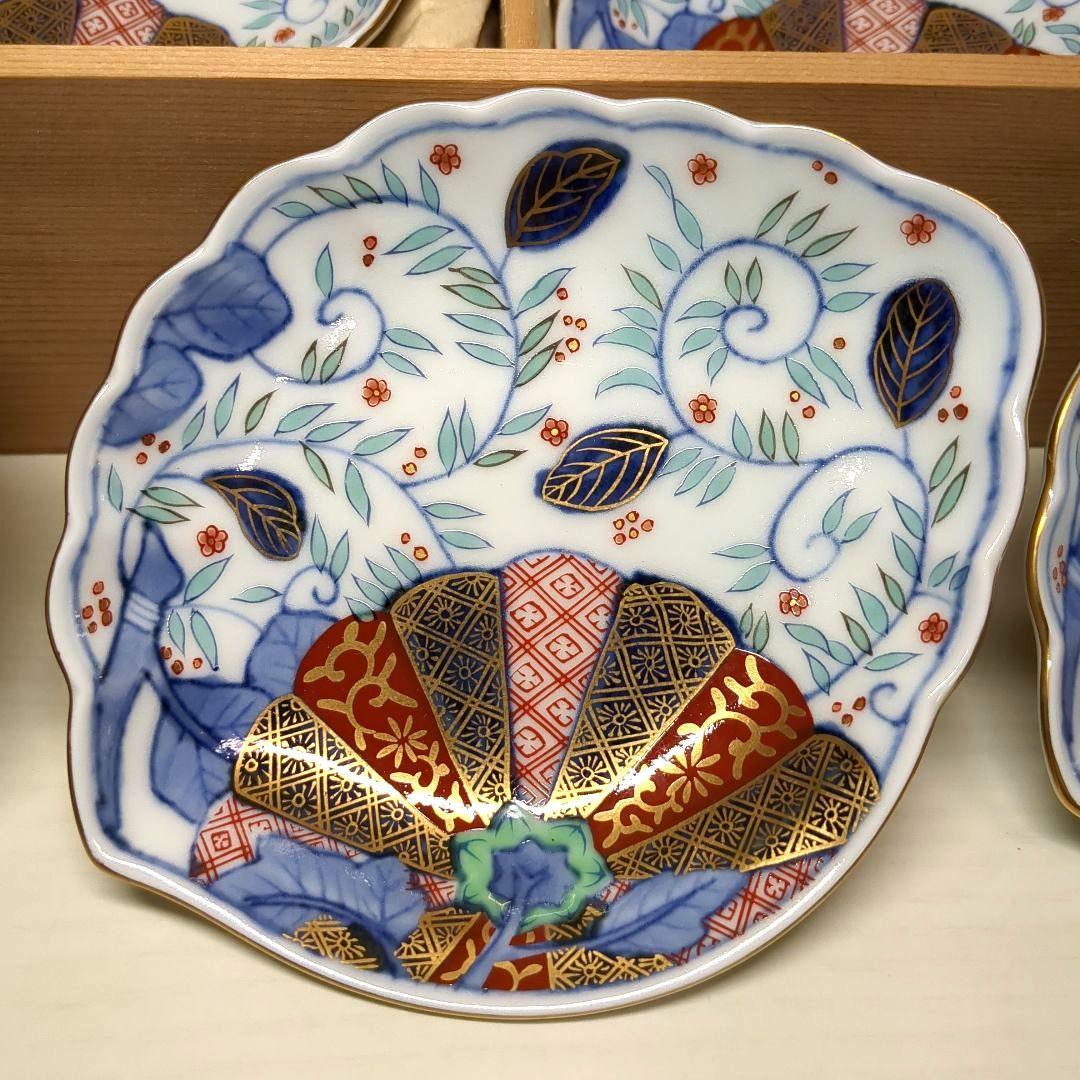 賞美堂 其泉窯 鮑型 金彩色絵菊花唐草紋 和皿揃 小皿