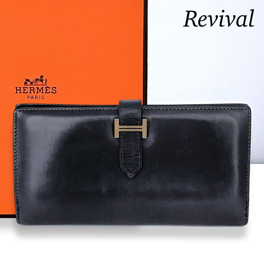 【美品】エルメス　ボックスカーフ　ベアンクラシック　折財布　ブラック　722 大人気カラー HERMES エルメス 長財布 ベアン クラシック ボックス