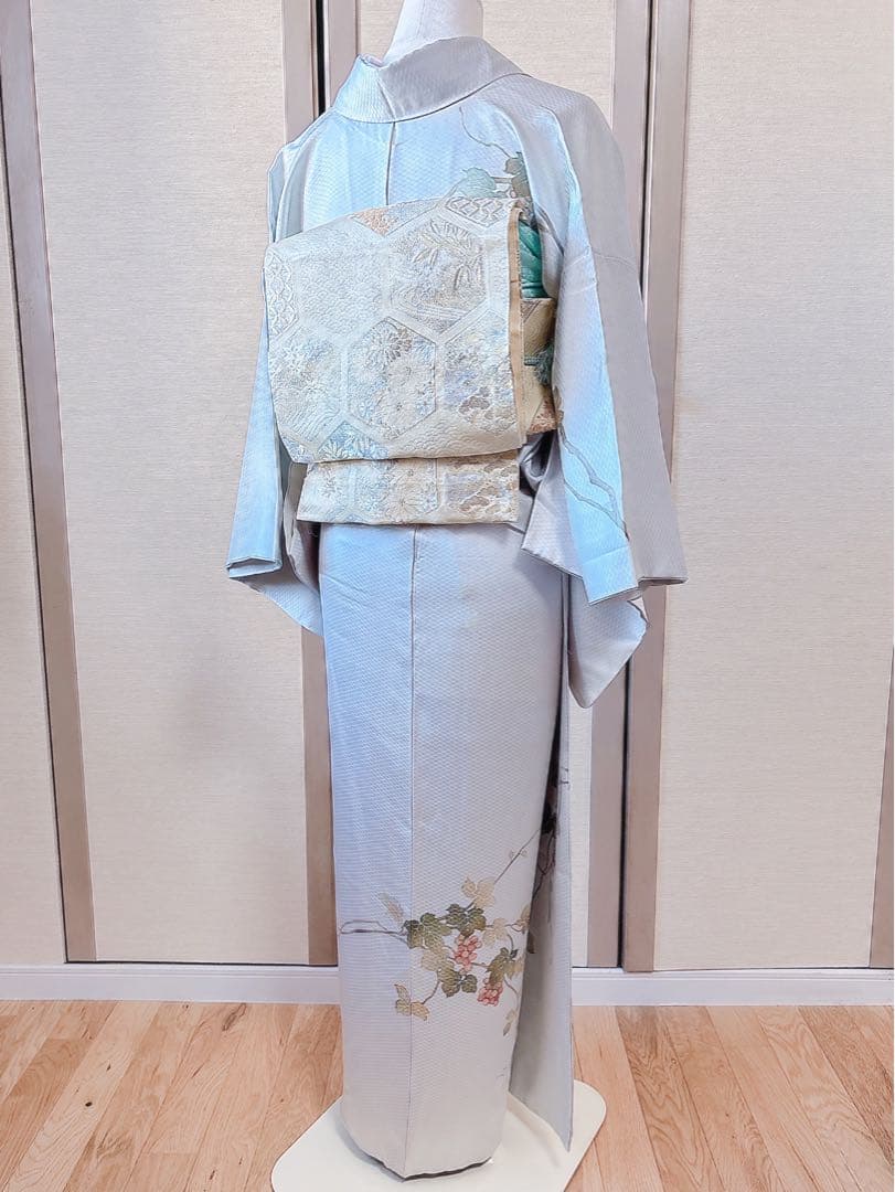 美品 訪問着 フルセット 本加賀友禅 裄66 葡萄 卒業式 入学式 M グレー