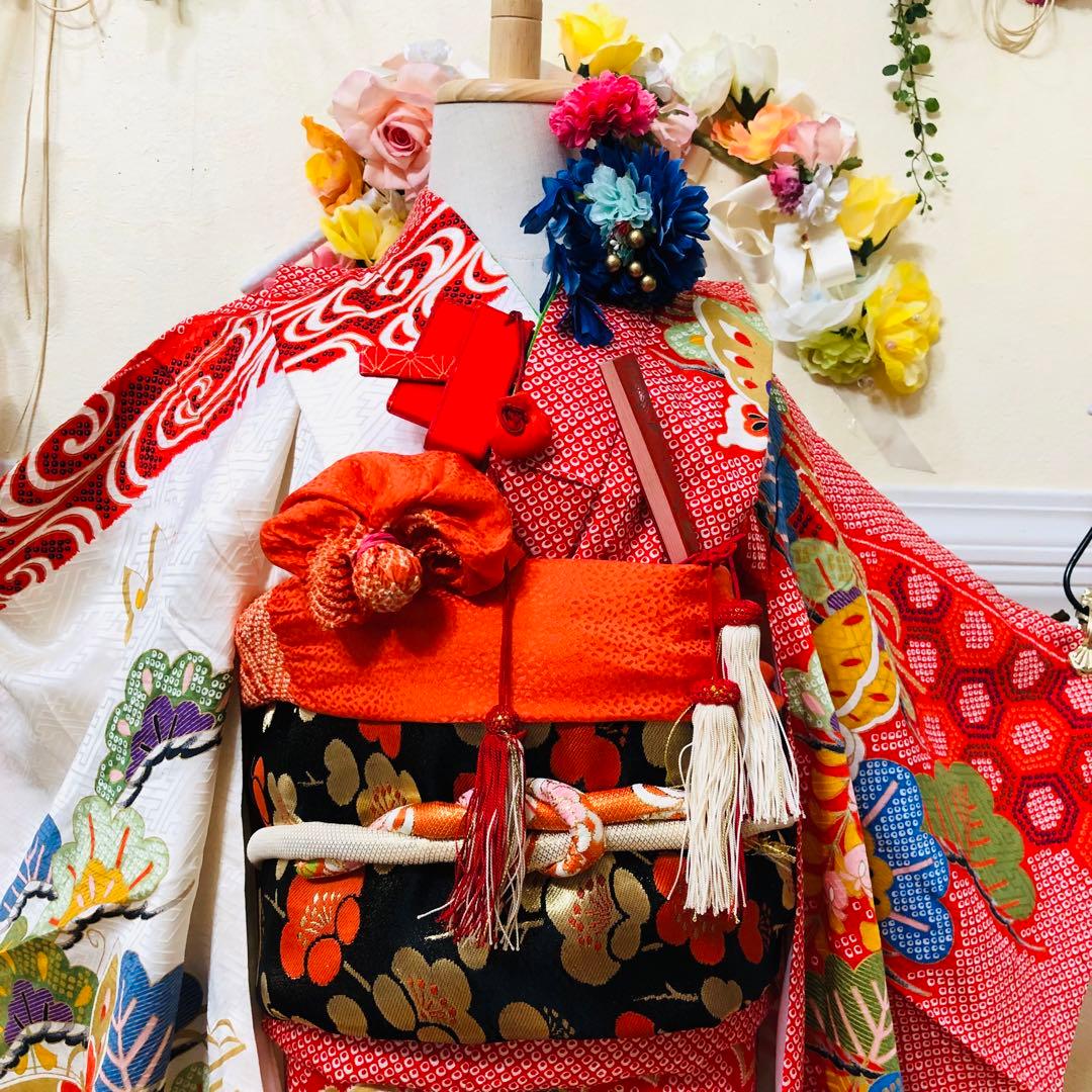 七五三七歳❣️豪華絞り柄アシメトリ花金彩⭐︎正絹全通