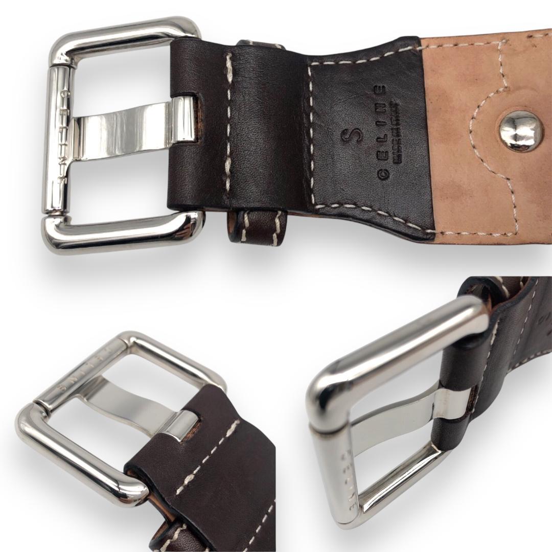 美品】セリーヌ コイン サッシュベルト シルバー ダークブラウン マカダム