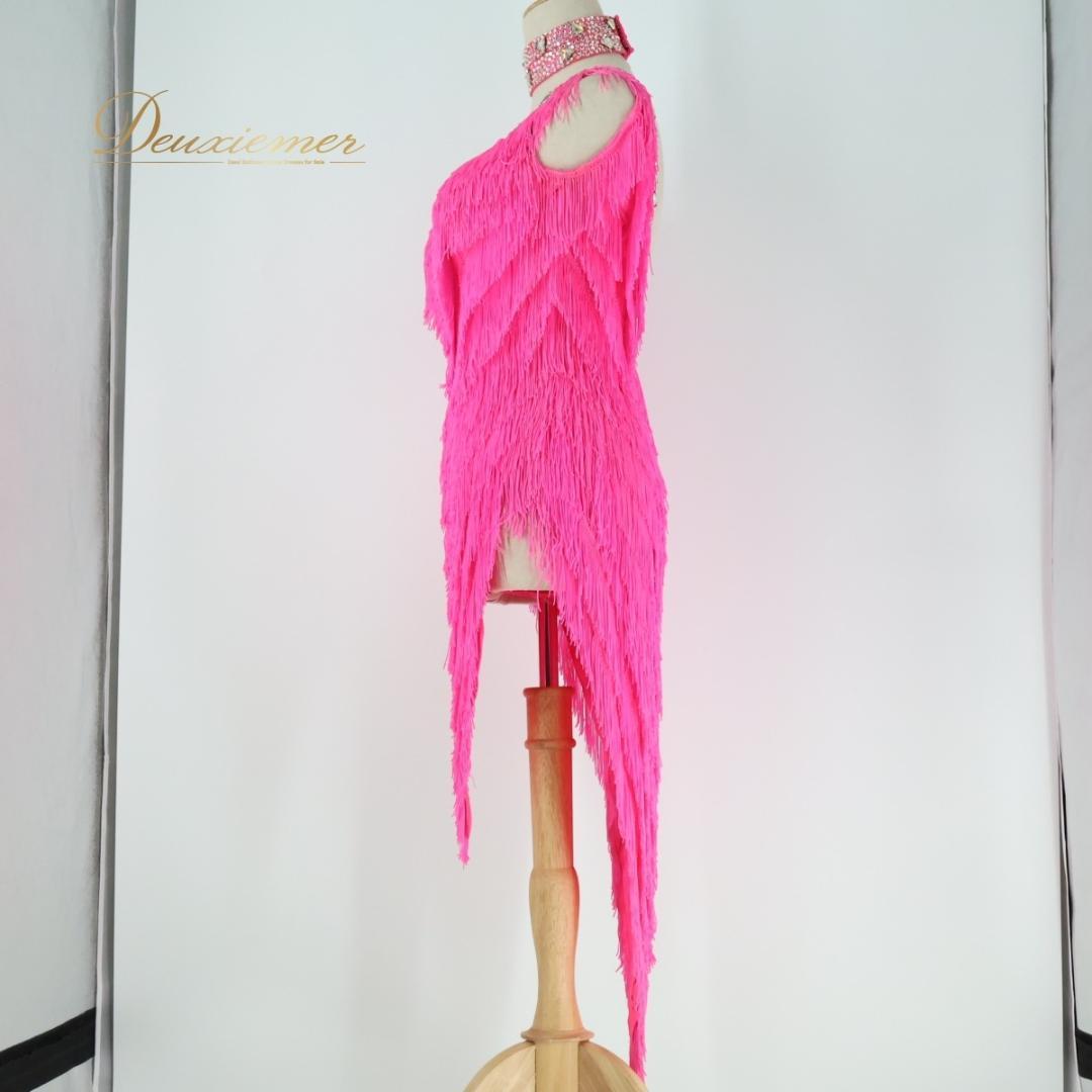 社交ダンス衣装】ピンク ラテン ドレス ワンピース フリンジ 蛍光 デモ