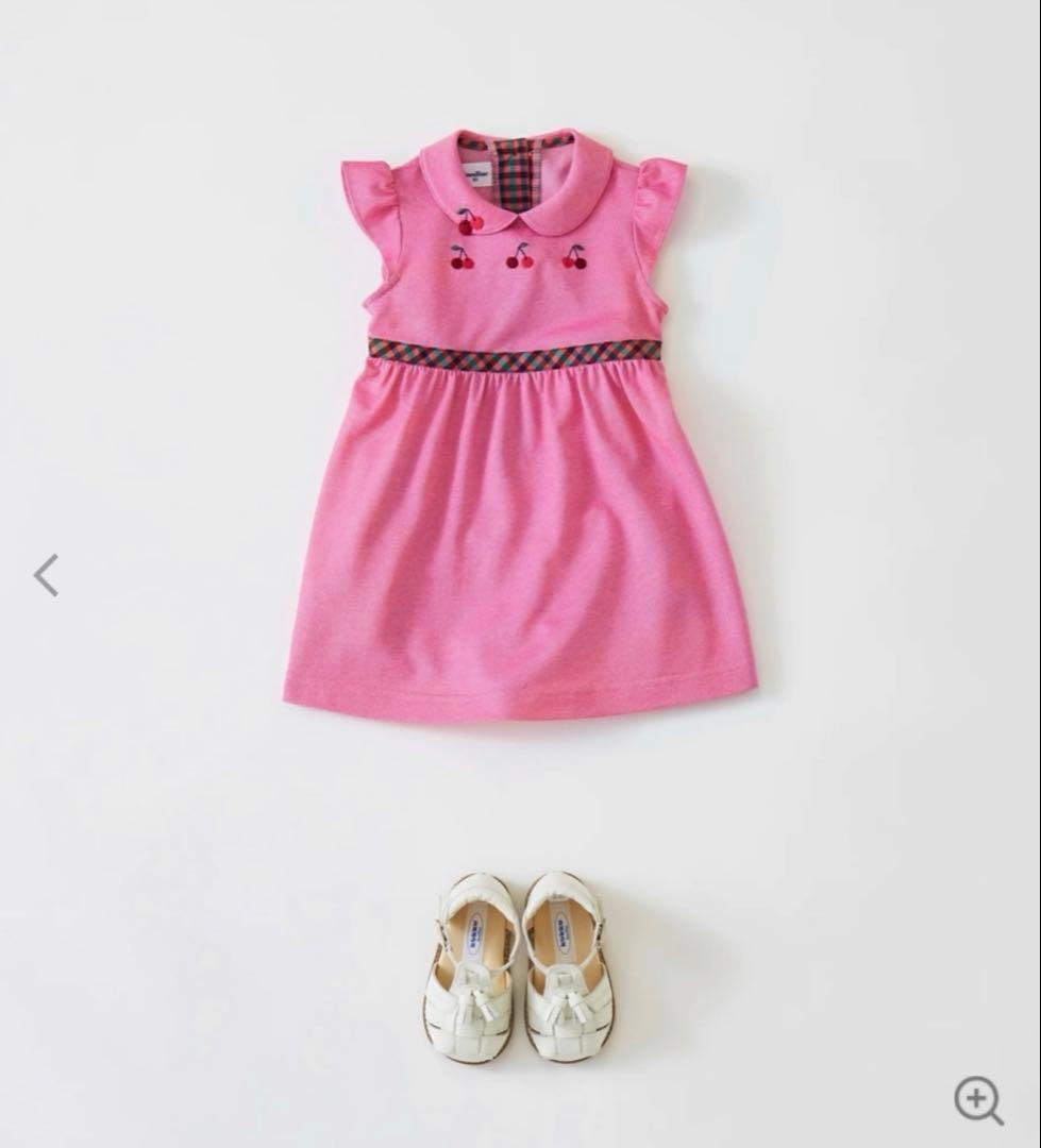 美品 ファミリア ピンク チェリー刺繍 半袖ワンピース 100