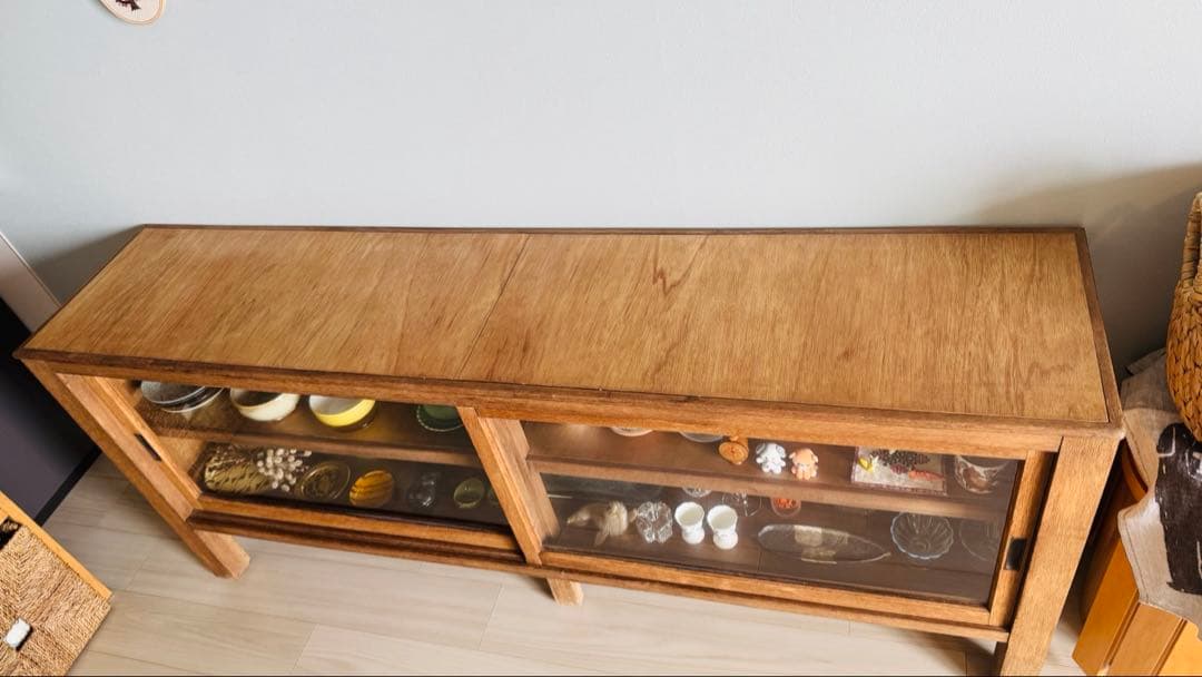 古家具 食器棚 ガラス扉 スライド 2段 収納 本箱 水屋箪笥 ショー