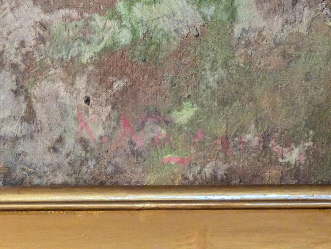 真作】絵画 油彩12号 風景画 春の里山 桜咲く古民家の風景