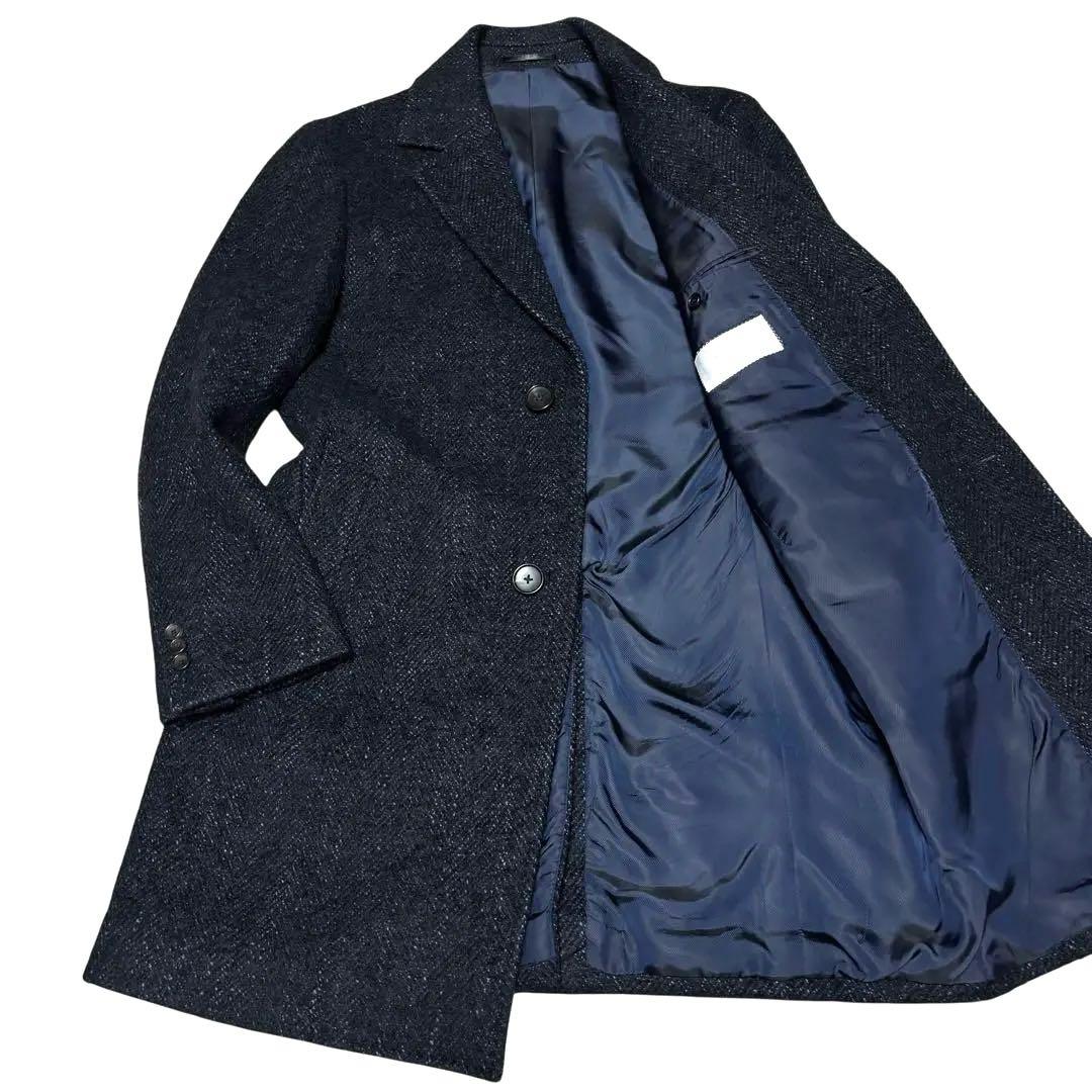 極美品 エディフィス カノニコ 五種混 ヘリンボーン チェスターコート ネイビー エディフィス EDIFICE SUPER 140's ウール / カシミヤ チェスター