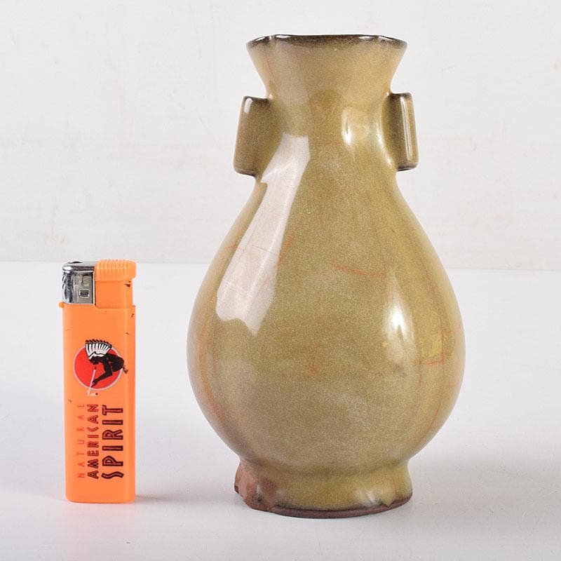 中国 哥窯 青磁 金絲鉄線 氷裂文双耳瓶 C 6910