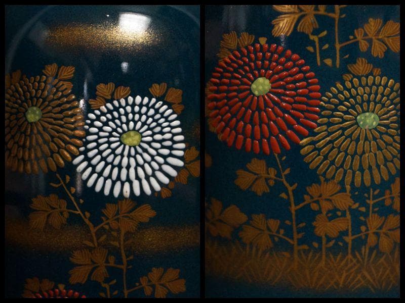 明治期 九谷焼名手 初代須田菁華造 金彩色盛絵『菊画』徳利(一対)